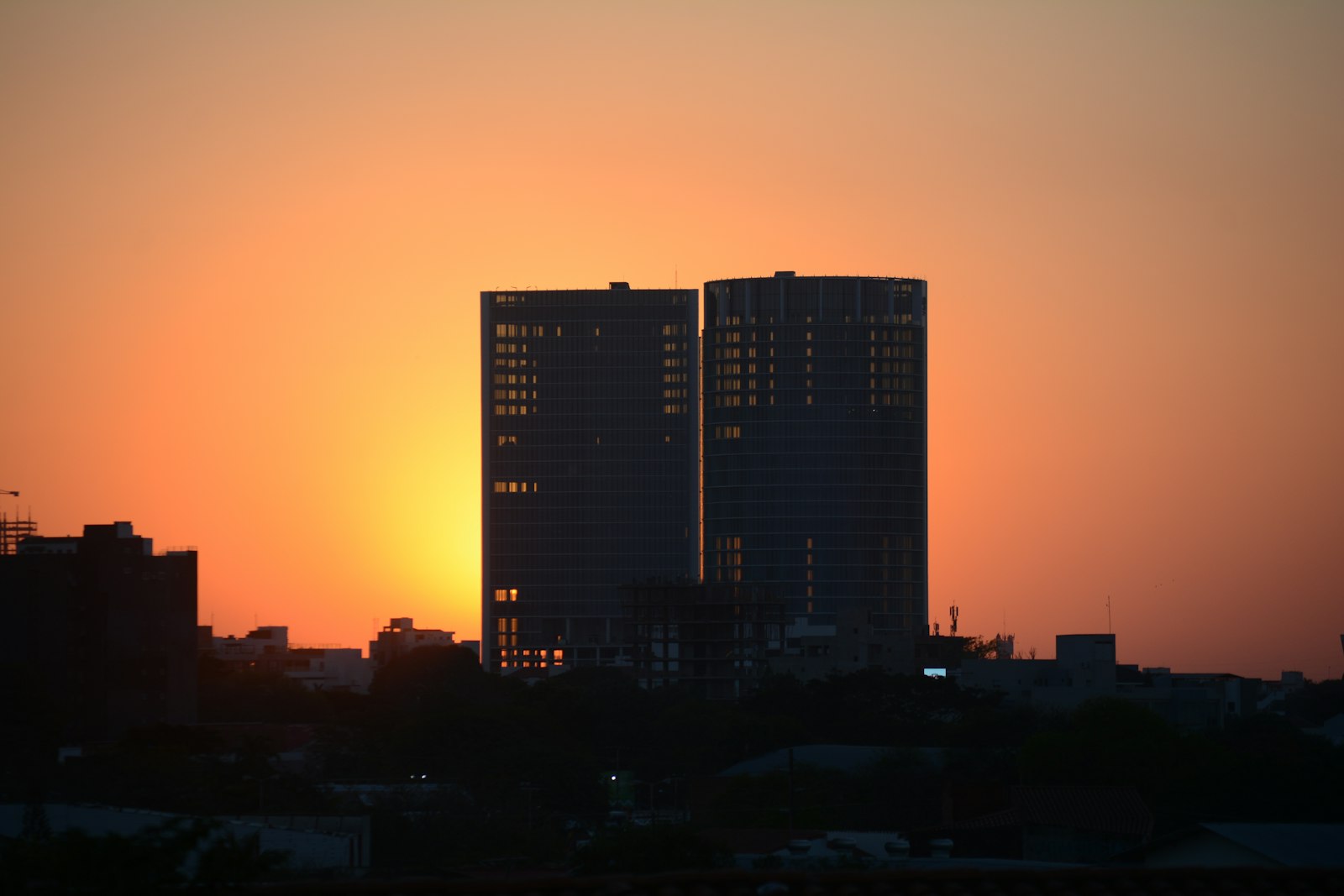 Twin towers in Santa Cruz de la Sierra at sunset